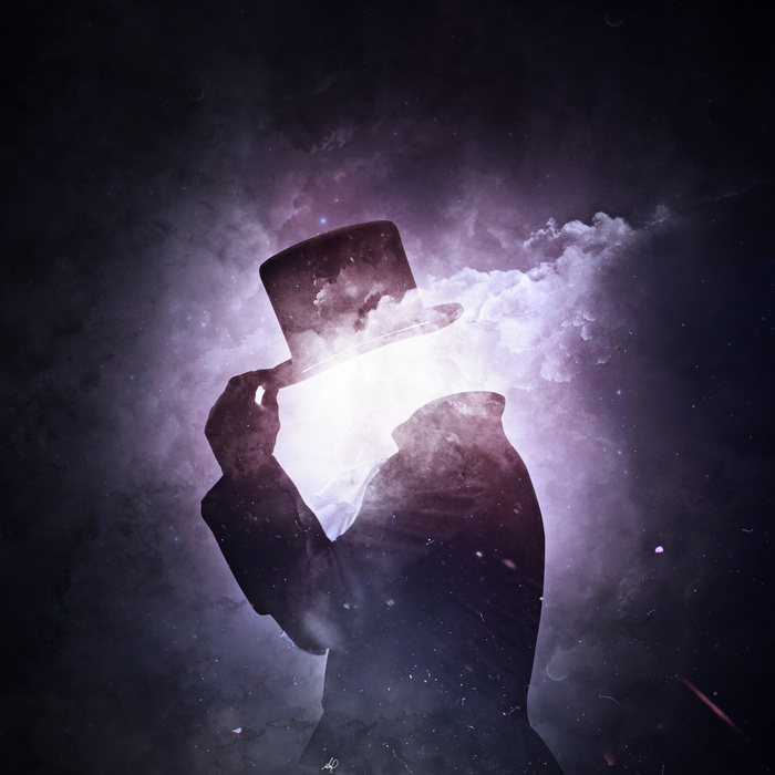 Silhouette of a person in a top hat with a cosmic background