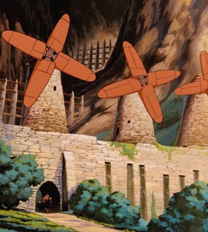 Anime windmills in a stone village