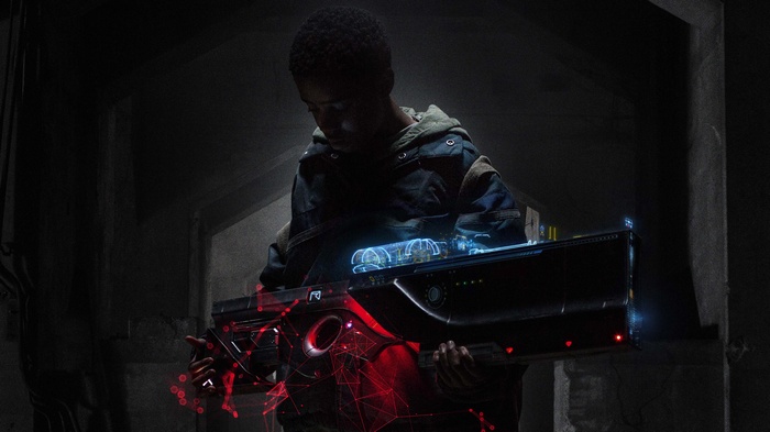 Boy holding a futuristic weapon 4K