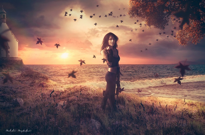 Sunset, Hot girl, Warm, Gangster, Asian, Beach