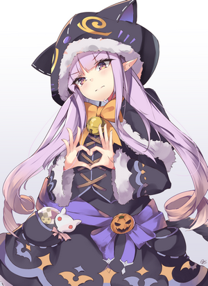 Anime girl in Halloween costume making heart shape