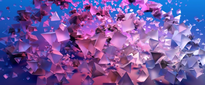 Pink and silver geometric shapes floating in blue sky