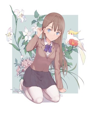Anime girl with a cockatiel and lilies