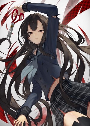 Anime girl with long brown hair holding scissors