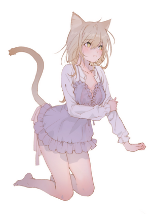 Anime cat girl in a purple dress and white cardigan