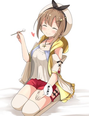Reisalin Stout from Atelier Ryza kneeling with a lollipop
