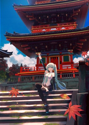 Hatsune Miku sitting on temple stairs with autumn leaves