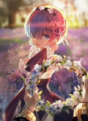Rem from Re:Zero holding a flower crown in a field