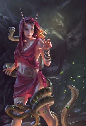 Fantasy art of a woman with horns and snakes