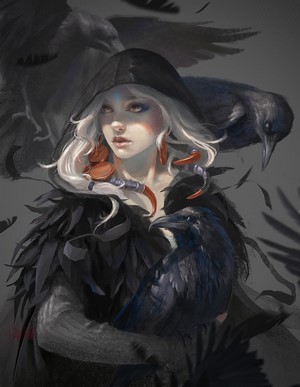 Woman with white hair and crows