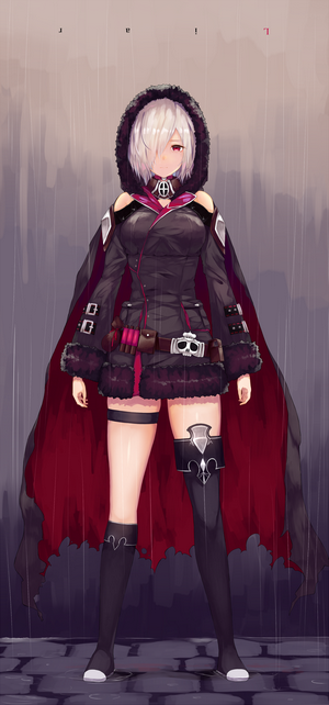 Anime girl with white hair and red eyes in a dark outfit
