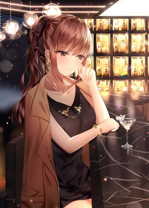 Anime girl in a black dress at a bar