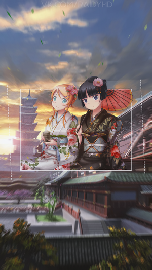 Anime girls in kimonos with parasol and tea