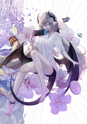Anime girl with horns and wings playing Nintendo Switch