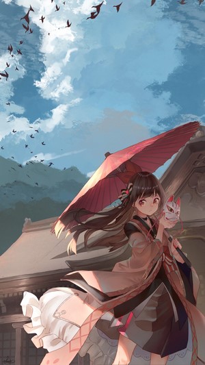 Anime girl with umbrella and fox mask