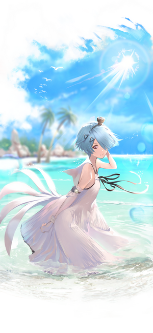 Anime girl in white dress on a tropical beach