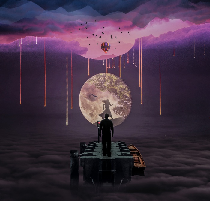Man on pier with moon and hot air balloon