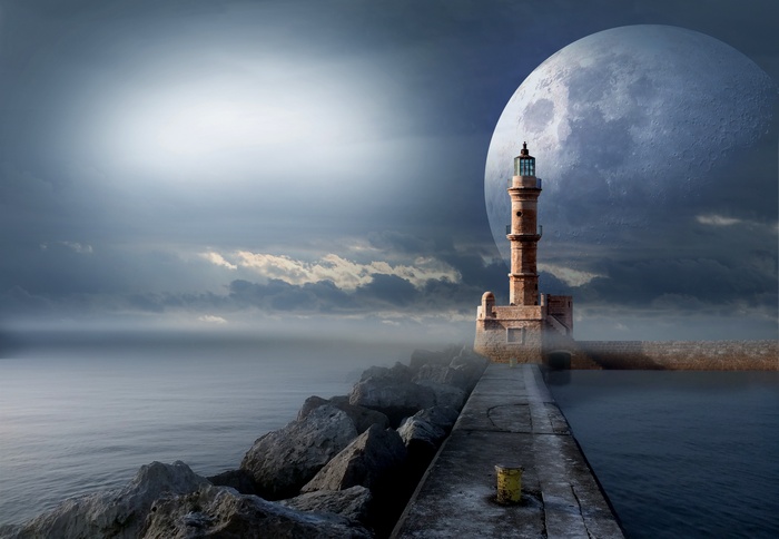 Beach, Moon, Lighthouse, Fantasy, Rocks
