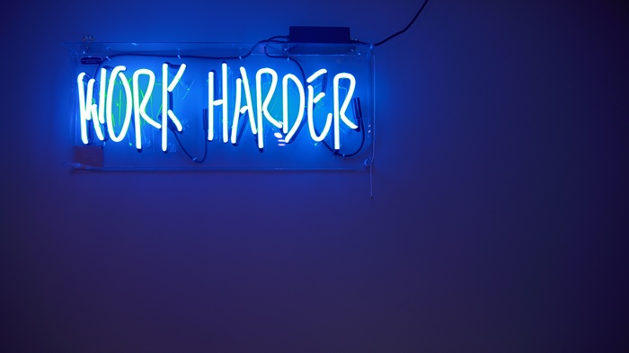 4K, Blue, Work harder, Neon lights