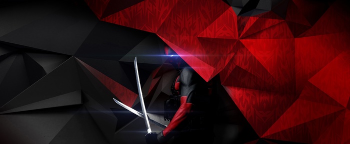 Deadpool with swords against abstract red and black background