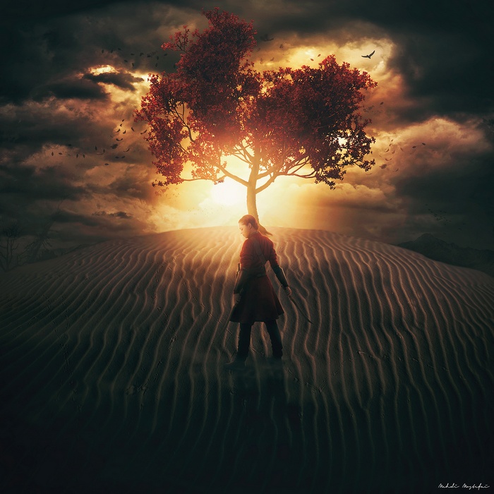 Warrior girl under a tree in the desert at sunset