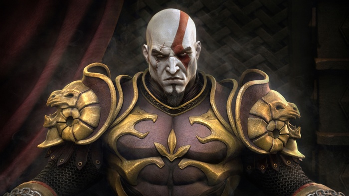 Kratos from God of War sitting on a throne