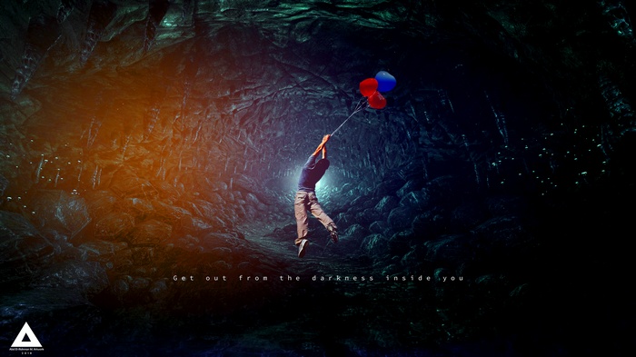 Person holding balloons in a dark cave 4K
