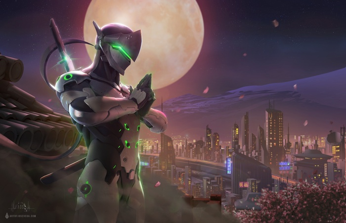 Genji from Overwatch in a city at night