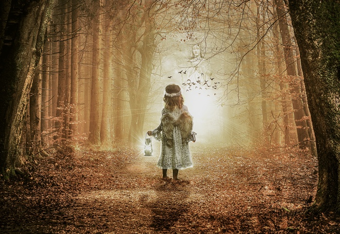 Girl with Lantern in Autumn Forest