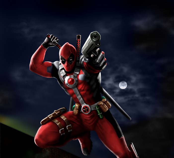 Deadpool aiming a gun at night