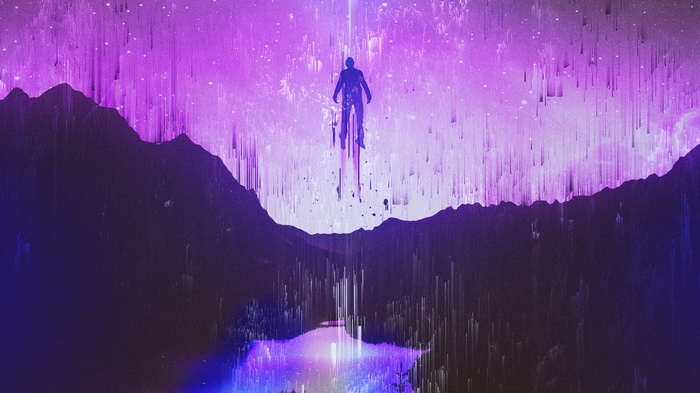 Man levitating in purple glitch art landscape