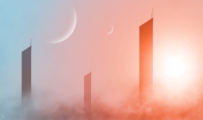 Sci-Fi Skyscrapers with Moon and Sun