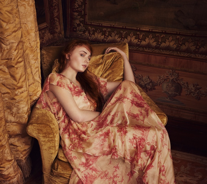 Sophie Turner in a patterned dress