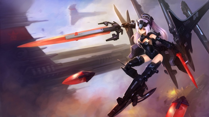 Anime mecha girl with sword and wings in 4K