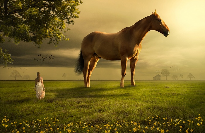 Girl and Horse in a Dreamlike Landscape