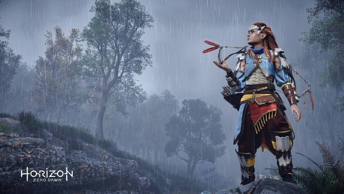 Aloy from Horizon Zero Dawn in the rain