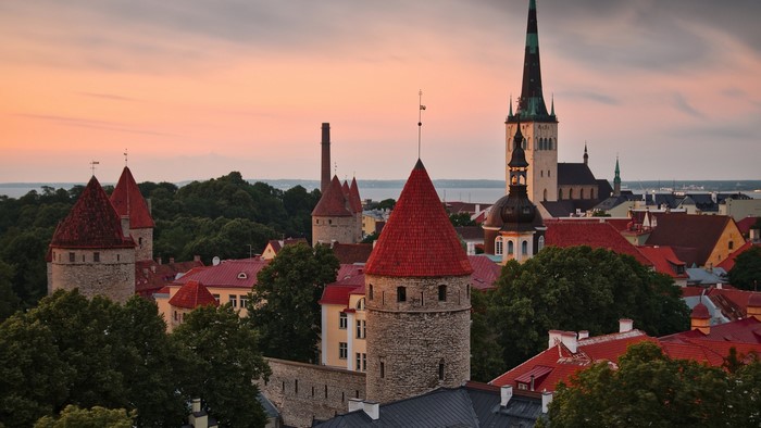 Tallinn Old Town towers and church at sunset
