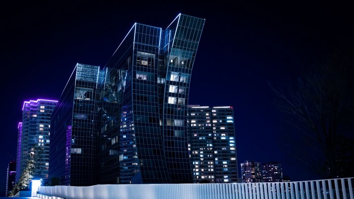 Modern skyscrapers illuminated at night