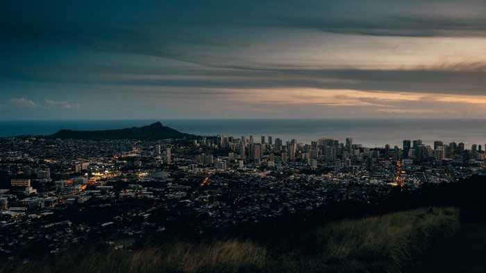 Cityscape at dusk with Diamond Head