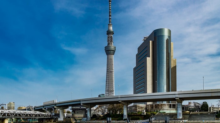 Tokyo Skytree and modern buildings with bridges
