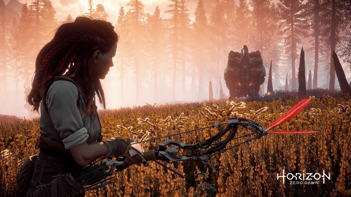 Aloy from Horizon Zero Dawn with a bow
