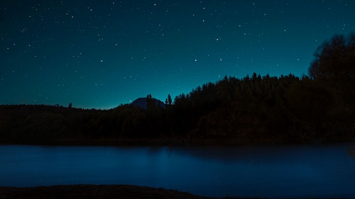 Starry night sky over a lake and forest