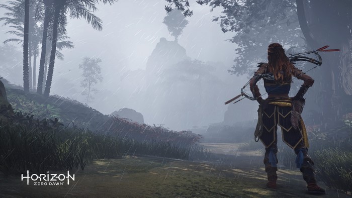 Aloy from Horizon Zero Dawn in a rainy forest