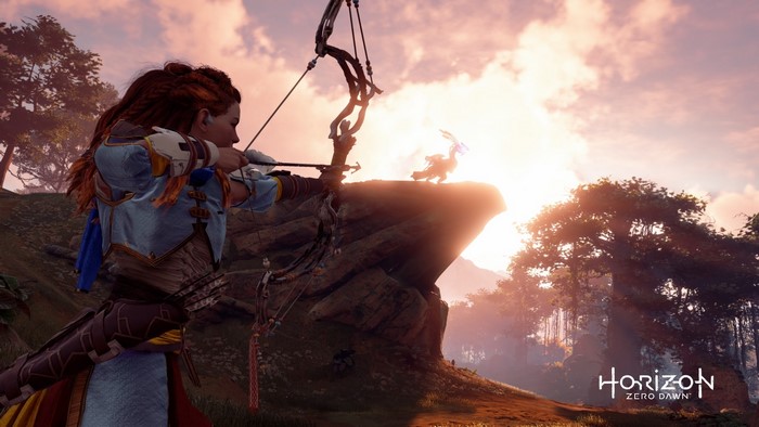 Aloy from Horizon Zero Dawn aims her bow