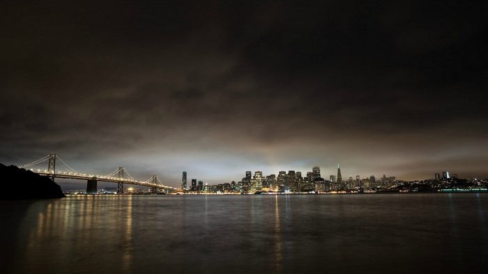 San Francisco skyline and Bay Bridge at night