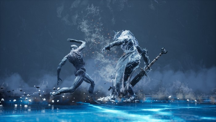 Mortal Shell: Two figures fighting in a blue, misty environment