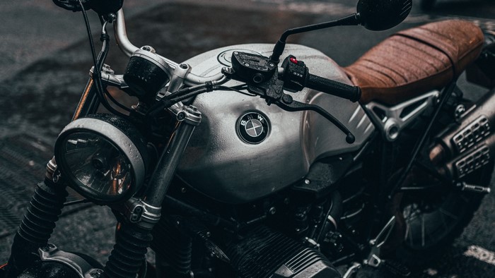 BMW motorcycle with brown seat