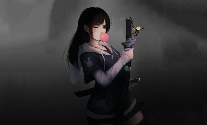 D.Va from Overwatch with a sword and bubblegum
