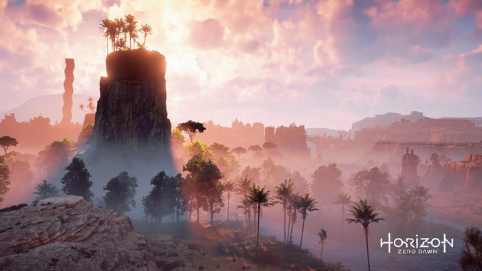 Horizon Zero Dawn landscape with rock formations and trees