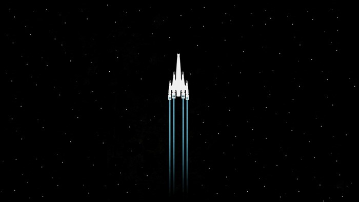 White spaceship flying through starry space